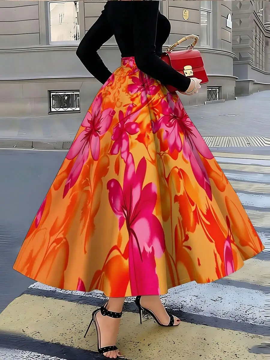 Womens Floral Print Maxi Skirt Elastic Waist Flowy A-Line Long Skirt With Pockets Boho Casual Summer Skirt
