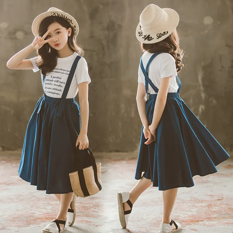 

2024 Korean Summer Children Girl 2-piece Dress Junior Girl Letter Printed T-shirt+Suspender Skirt Sets Girls From 4-12 Years Old