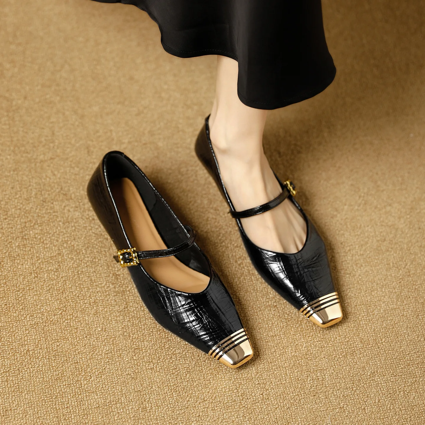 Spring Mary Jane Shoes Soft Leather French Style Square Toe Pumps Fashion Metallic Detail Mid Block Heel Single Strap Shoes