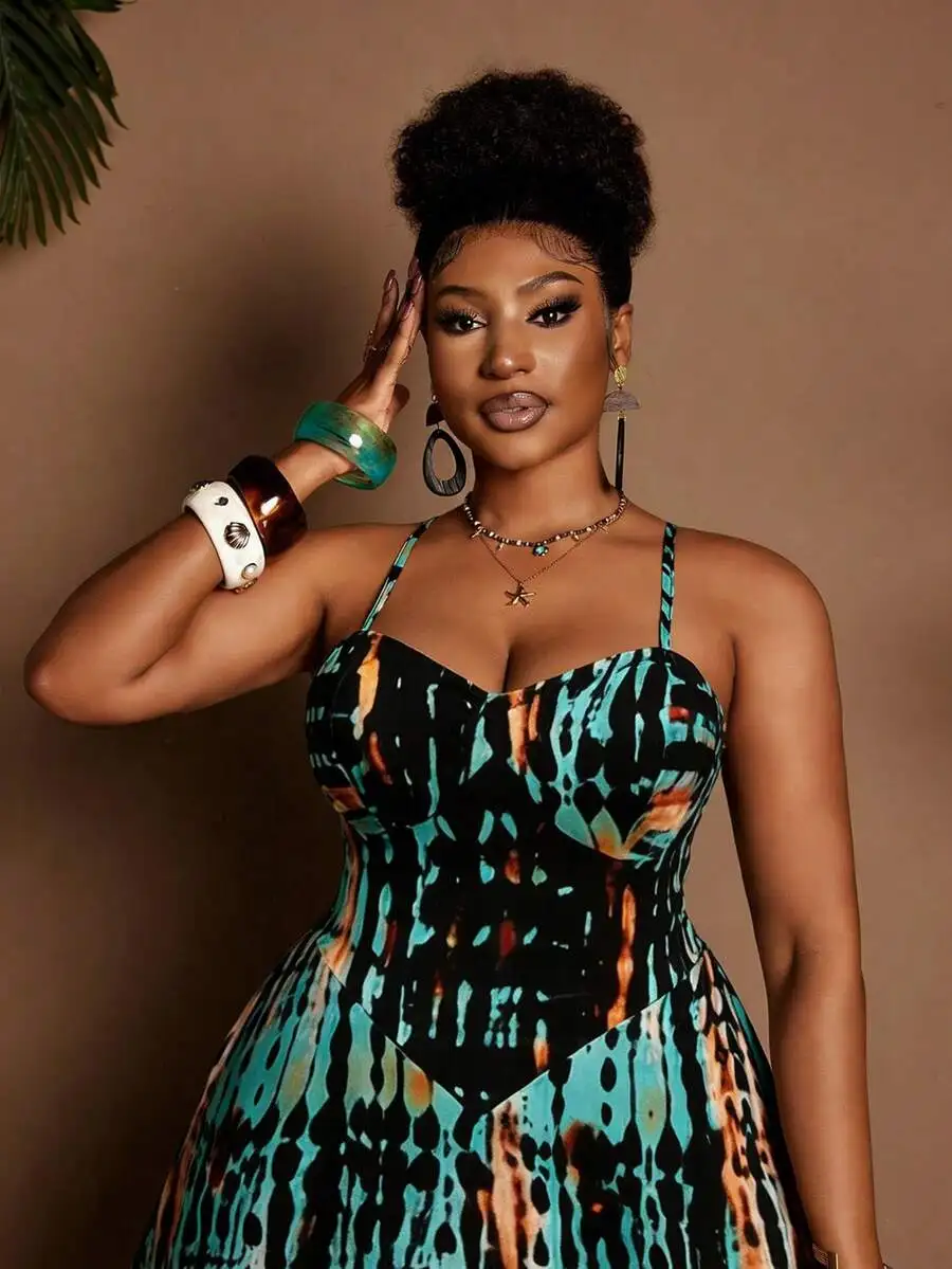 

Plus Size Women Strappy Printed Vacation Dress Off Shoulder Backless