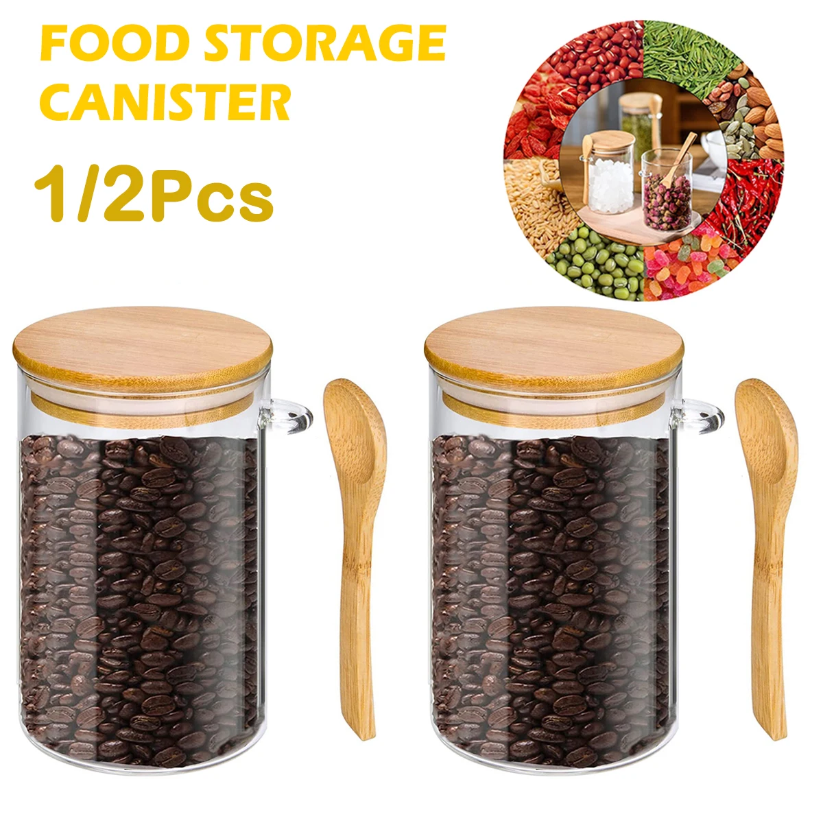 Glass Jar Containers with Wood Lid and Spoon Sealed Food Container for Kitchen Coffee Candy Tea Beans Grains Spices Organizer