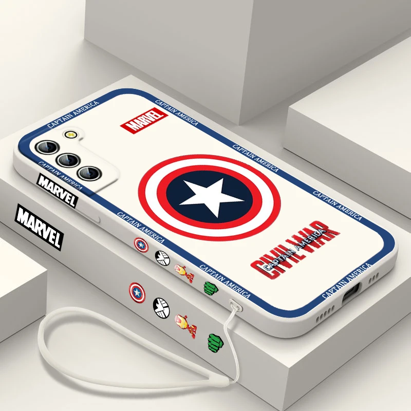 Funda de teléfono con logotipo de escudo de Capitán América para Samsung Galaxy S24, S23, S22, S21, S20 Pro, FE Plus, Ultra líquida, cubierta de cuerda izquierda