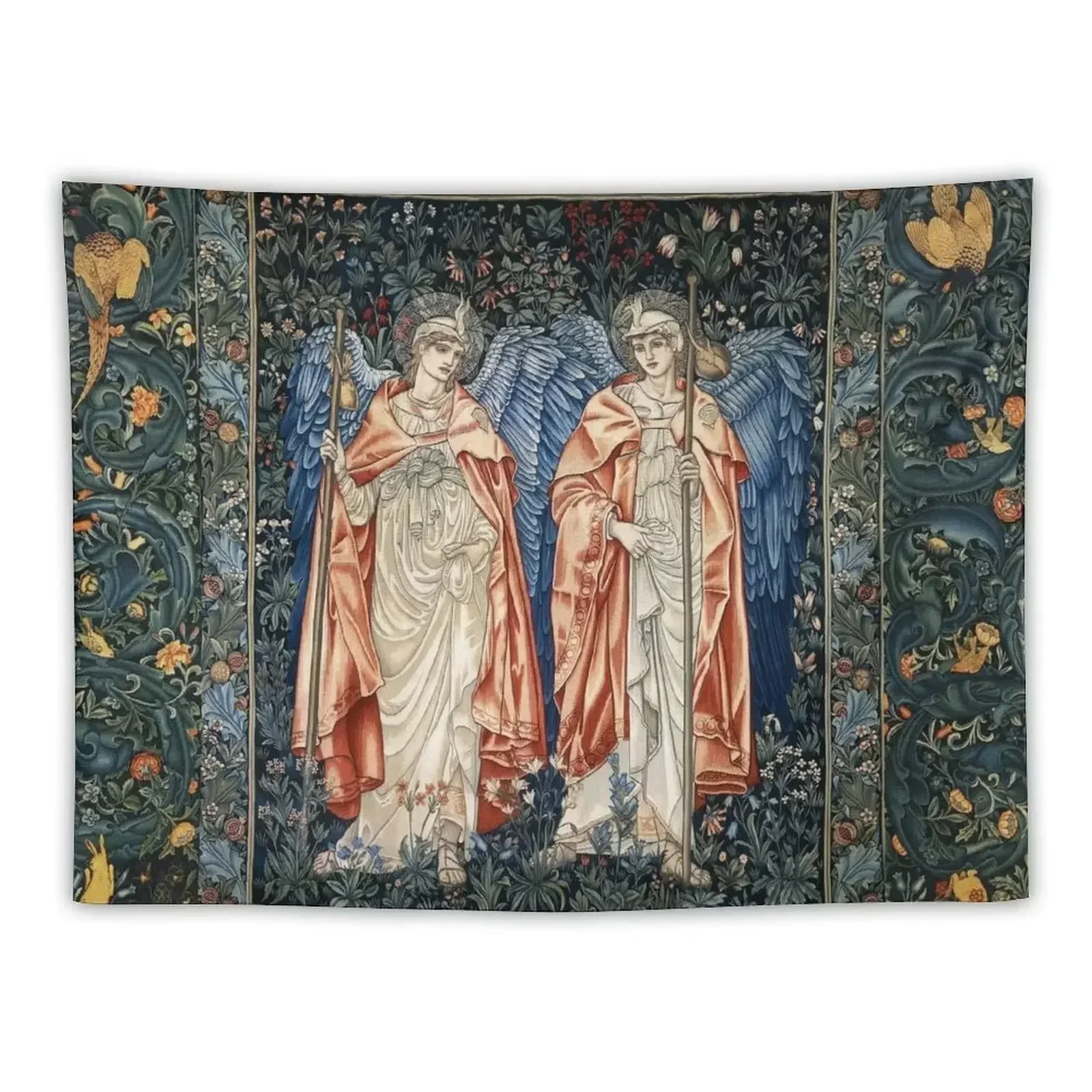 ANGELI MINISTRANTES, Angels in Blue Green Floral Tapestry Home Decoration Carpet On The Wall Tapestry