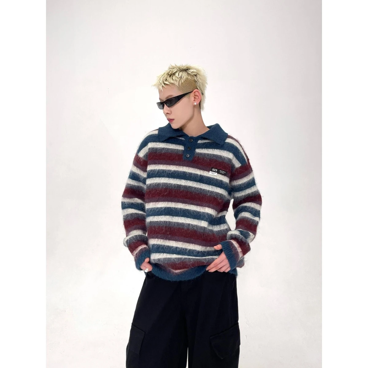 American Sle Lazy Vintage Suelto Ne Rayas Suéter ex Otoño Invierno Cuello clásico Top Moda Suave Poliéster Kni...