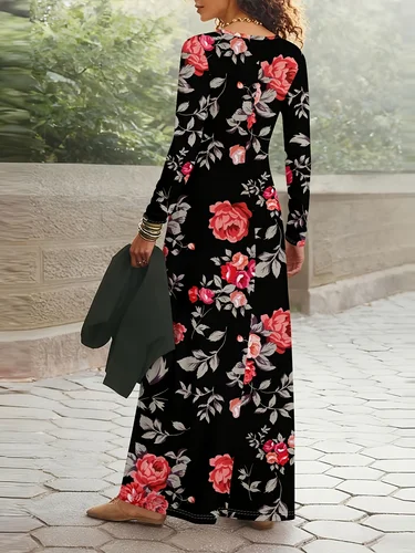 Imagen 2 del producto Vestido Casual con Estampado Floral de Manga Larga para Mujer, Primavera, Verano, Otoño, Moda, Corte A, Ajustado, Midi, Atuendo Moderno para el Día a Día