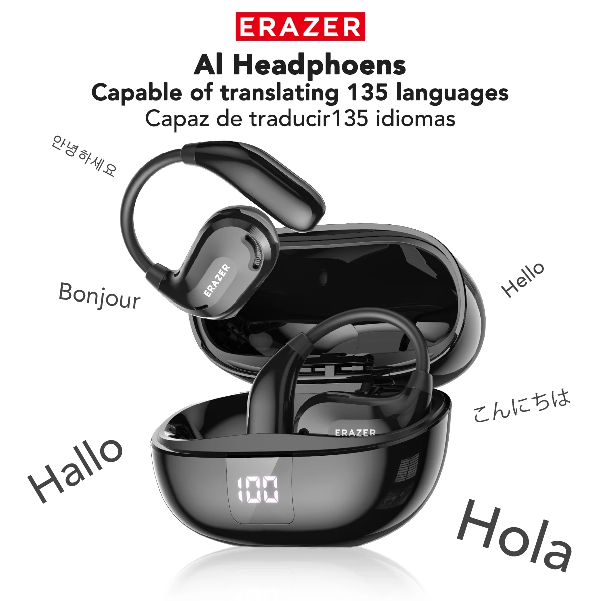 Écouteurs Bluetooth ERAZER XT66PRO, Casques ASMR, Écouteurs Traducteurs IA DIY via APP, Casques sans fil, Autonomie de 13 heures, Affichage