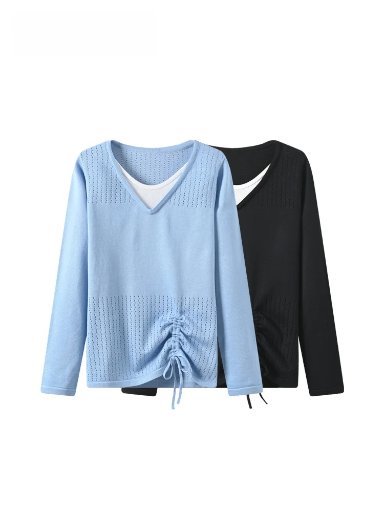 

plus Size Long Sve T-irt Women's V-Ne Hollow out Design Base irt Autumn Winter New Sle Casual Loose Fit Knitwear