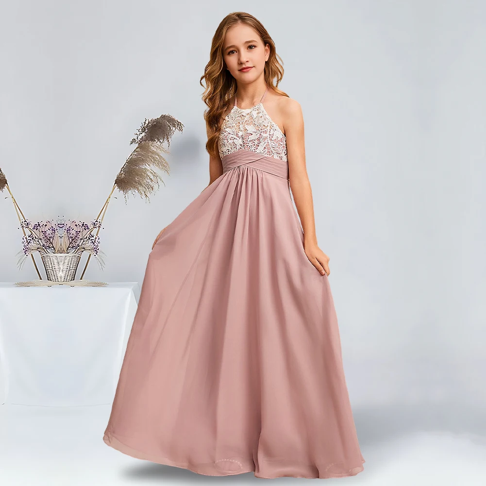 Elegant A-Line Halter Floor-Length Chiffon Lace Junior Bridesmaid Dresses Dusty Rose Gorgeous Flower Girl Dresses Party Wedding