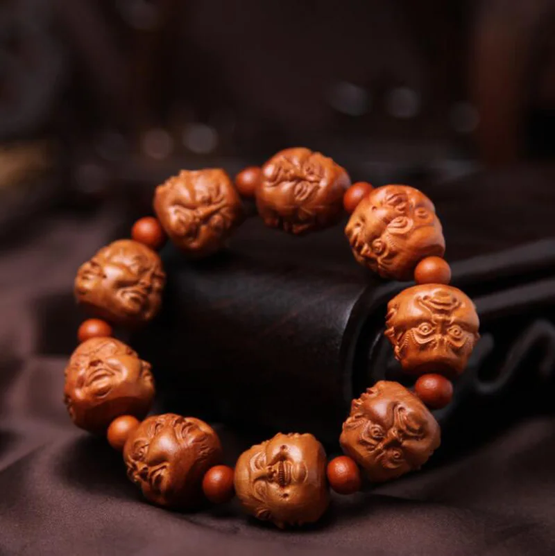 Chinese Peach Wood Carved Four Sided Buddha Buddha Head Statue Hand Strings Exquisite Buddhism Bracelet Gift