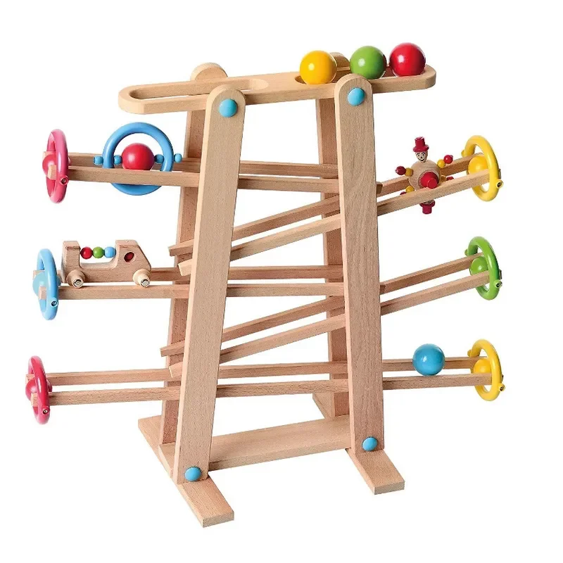 Kids Wooden Roller Coaster Track Toy Solid Wood Ball Run Maze Game Baby Visual Tracking Sensory Training Educational Gift for
