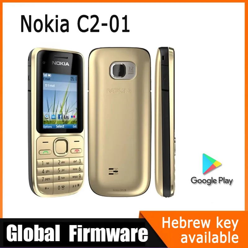 Nokia C2 C2-01 GSM โทรศัพท์มือถือแป้นพิมพ์ภาษาอังกฤษและฮีบรูรองรับโลโก้บนปุ่มปลดล็อกโทรศัพท์มือถือใช้โทรศัพท์