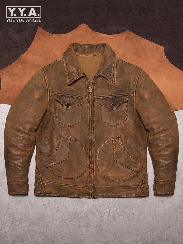 

Casual Mens High Quality Design Zipper Vintage Slim Fit Genuine Leather Jacket Multi Pockets Suede Cargo Short Coat Male Outwear