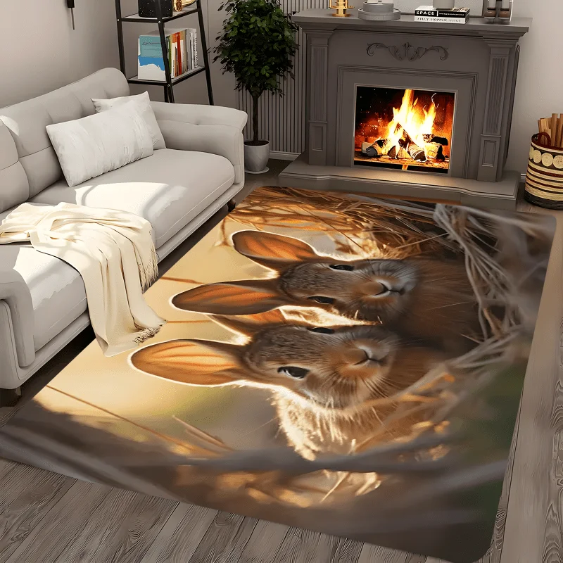 Cute Bunny Flannel Rug Two Rabbits in Hay Area Carpet Soft Non-slip Floor Mat for Living Room Bedroom Home Decor
