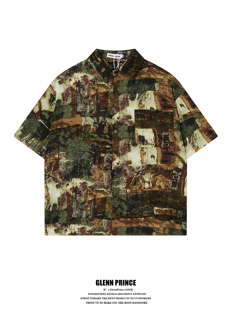 

GPstudio Men's Loose Short Sleeve Shirt Retro Oil Painting Graffiti Art Summer Trendy Brand Handsome Loose Shirt for Youth