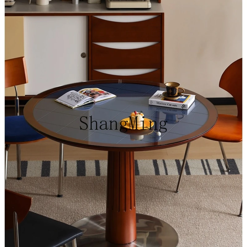 SM solid wood round table tempered glass dining table household small apartment round antique dining table