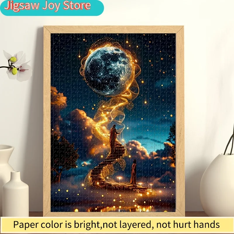 จิ๊กซอว์สำหรับผู้ใหญ่ 1000 ชิ้น - ขนาด 19.69x27.56 นิ้ว ฉากการลงจอดบนดวงจันทร์และจักรวาลเต็มไปด้วยดวงดาว พร้อมแสงสีทอง ติดผนังได้ สำหรับสปา