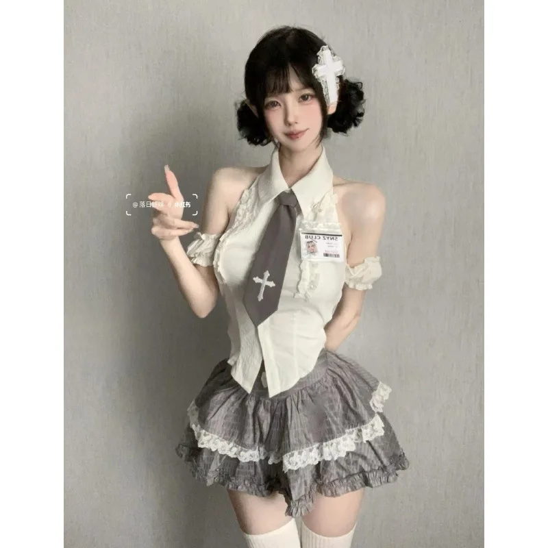 Japanese Sweet Preppy Style Outfits 2 Piece Set Women Vintage Kawaii Lace Patchwork Tops + Y2k Plaid Slim Mini Skirt Female New