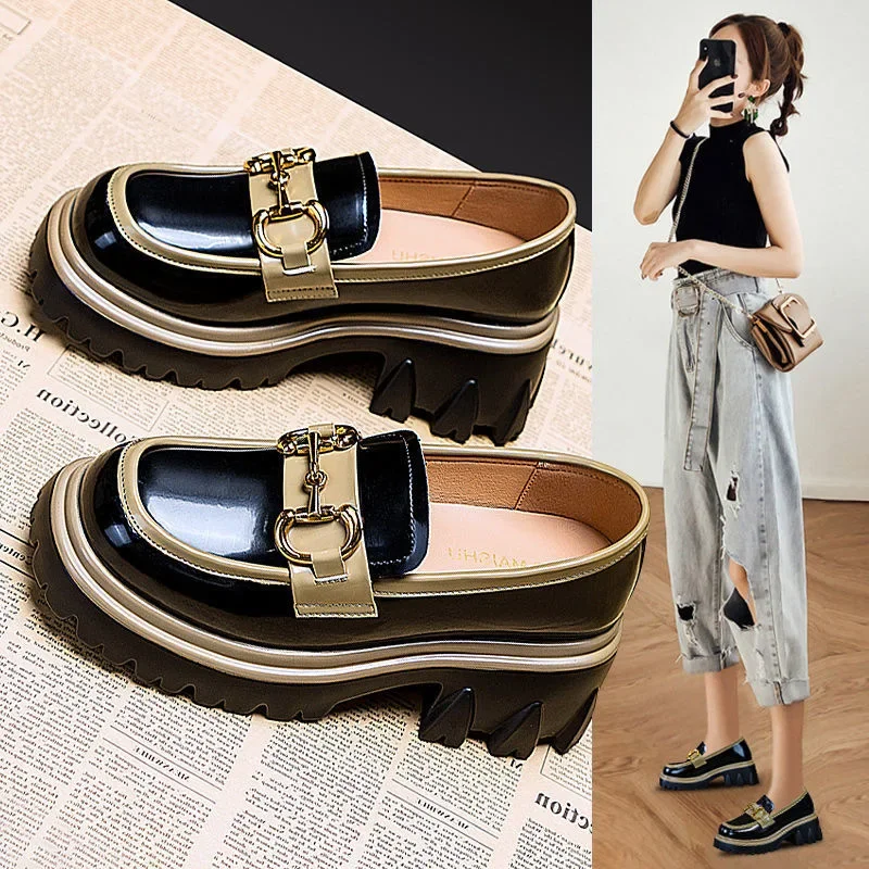 Spring Autumn Platform Shoes for Women British Style Loafers Leather Casual Shoe Thick-soled Heightened Pumps Breathable Zapatos