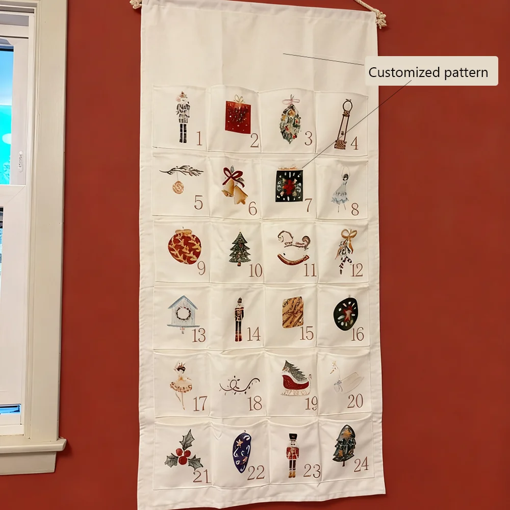 Kalender Advent Natal dari Kain yang Dapat Disesuaikan dan Digunakan Kembali dengan 24 Kantong untuk Dekorasi Natal Anak-Anak dan Keluarga Gaya Farmhouse