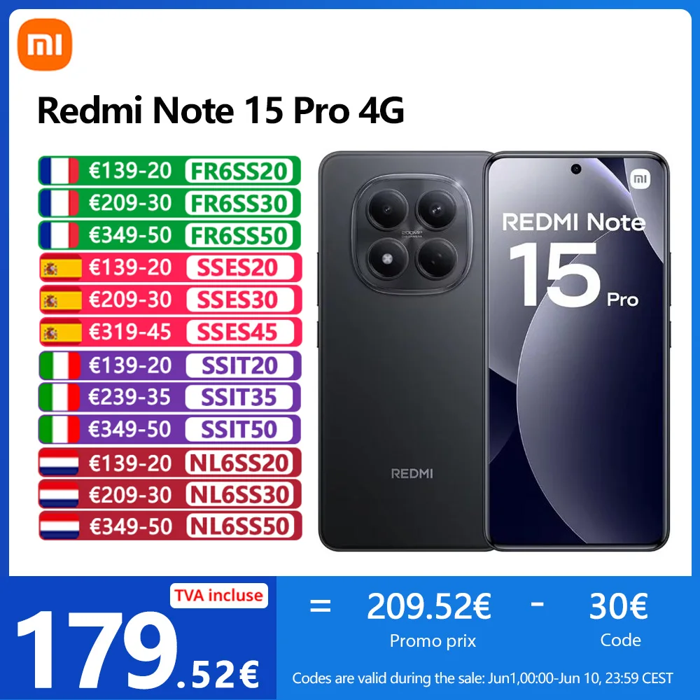 Xiaomi Redmi Note 15 Pro 4G,NFC,Écran AMOLED FHD+ de 6.77'',120 Hz,Caméra 200 MP,Batterie de 6500 mAh,IP65