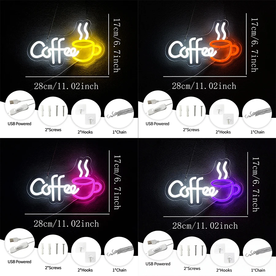 Coffee Led Neon Sign, Light Up Coffee Cup Signboard Corner Stand Of Snack Bar, Wall Lamp Of Kitchen And Coffee Shop, Store Decor