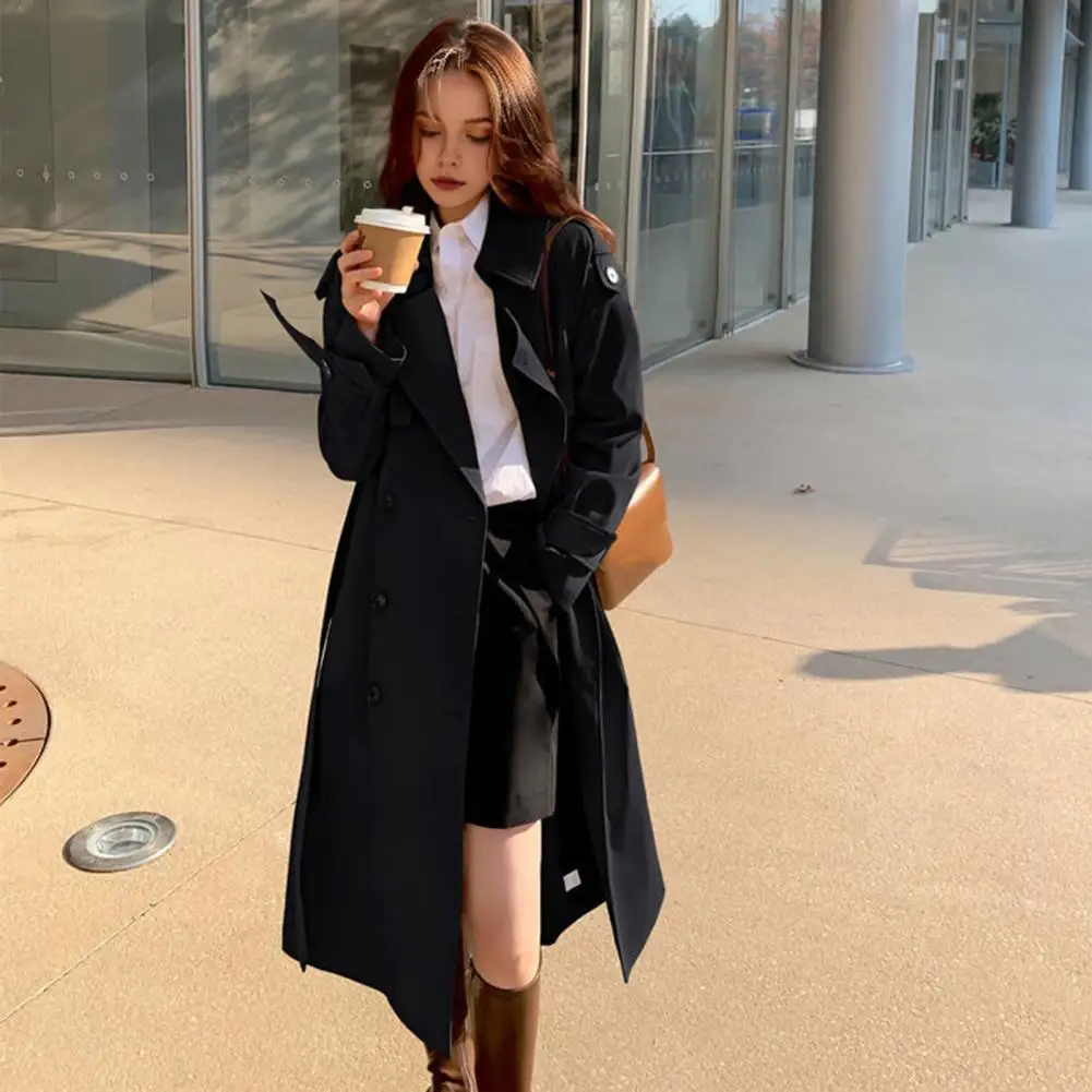 Fall Spring Women Jacket Turn-down Collar Double-breasted Overcoat With Belt Mid-calf Length Solid Color OL Commuting Coat