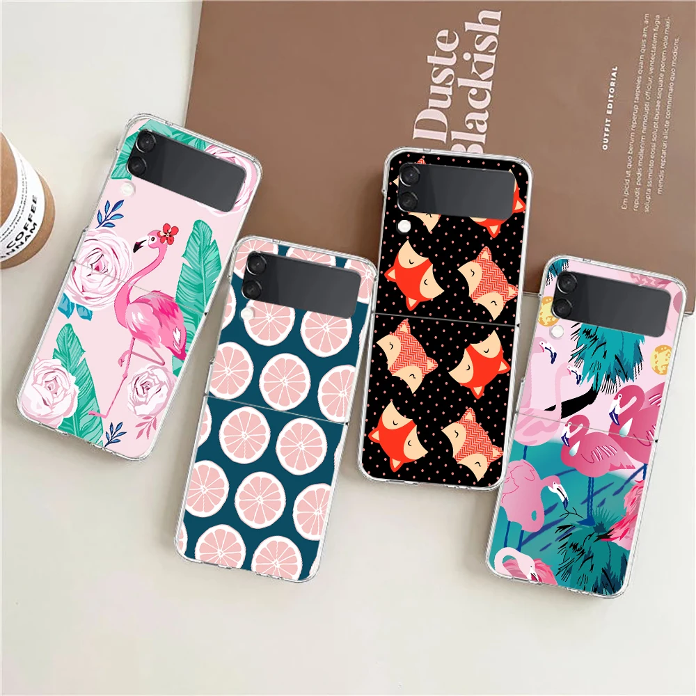 Phone Case For Samsung Galaxy Z Flip 3 4 5 6 7 Fold High Hard PC For Galaxy Z Flip3 Clear Cover Flower Bear Art