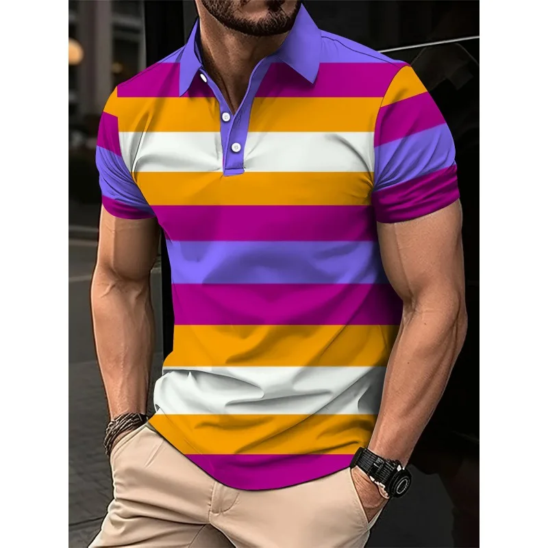 2024 New Men's Summer Short Sleevedpolo Shirt Lapel 3d Digital Printed Striped Polo Shirt Men Busibness Casual Top Men Clothing image 5