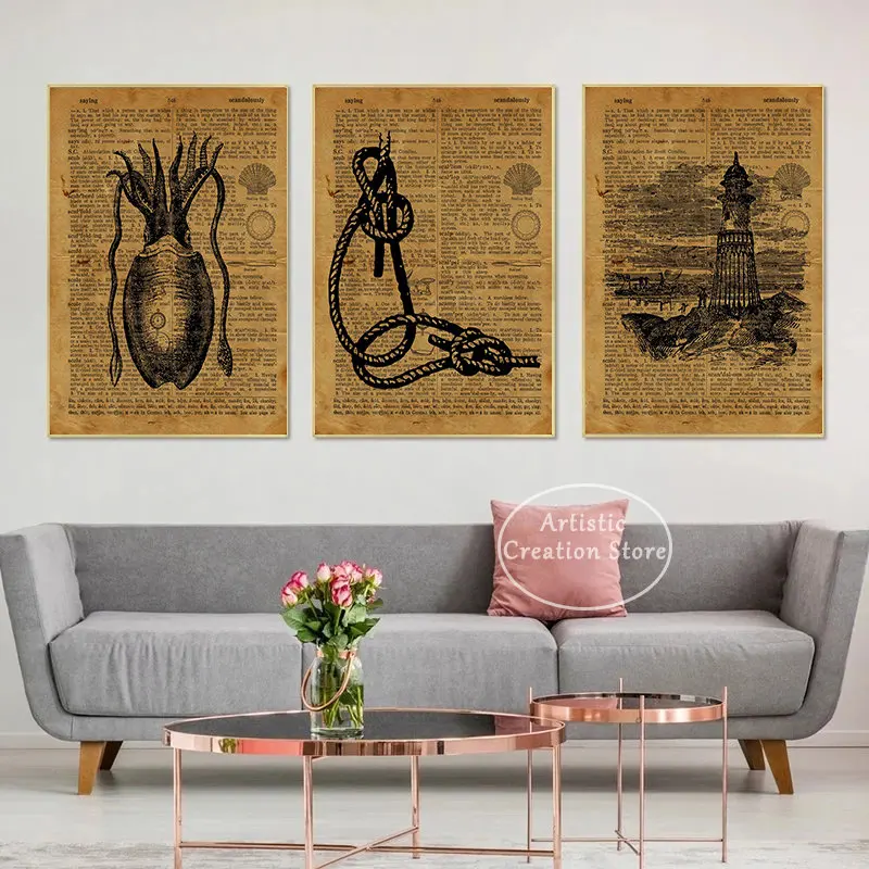 Vintage Navy Sundial Engraving Lighthouse Posters Deep Print Canvas Painting Sea Diver Engraving for Boys Room Navigation Decor