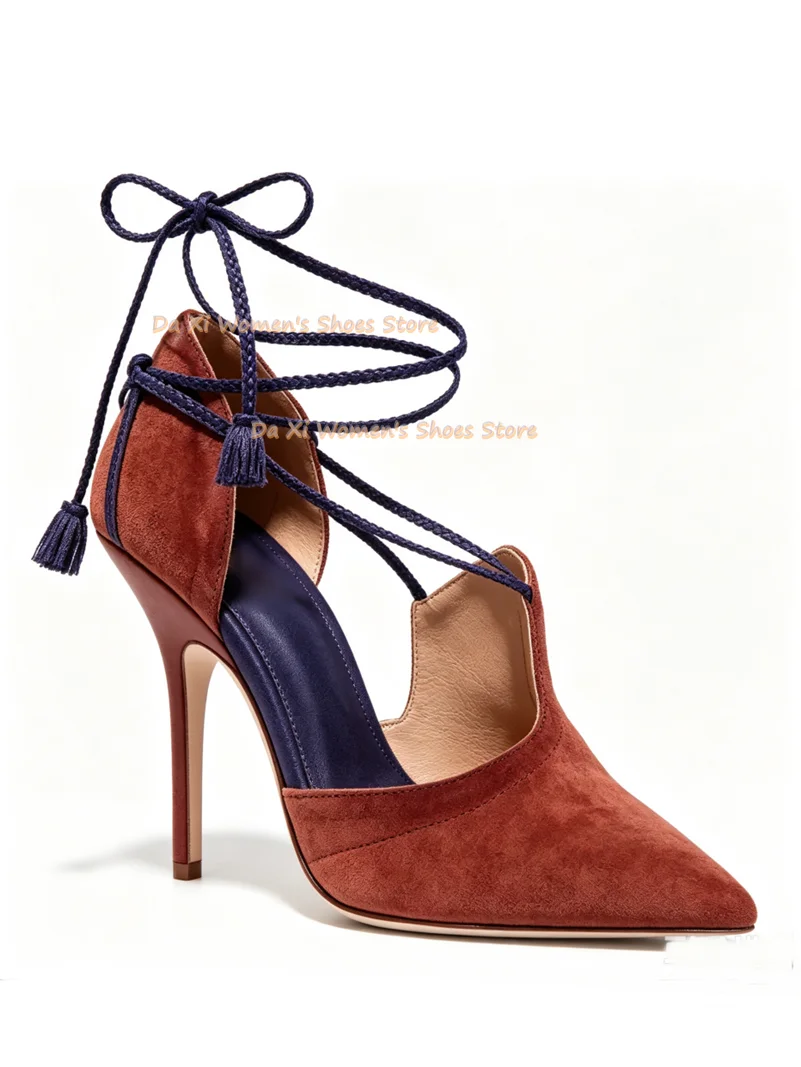 Blue And Red Color Blocking Pointed High Heel Pointed Stilettos Ankle Lace Dinner Shoe Shallow Manual Luxurious Women's Shoes view 5