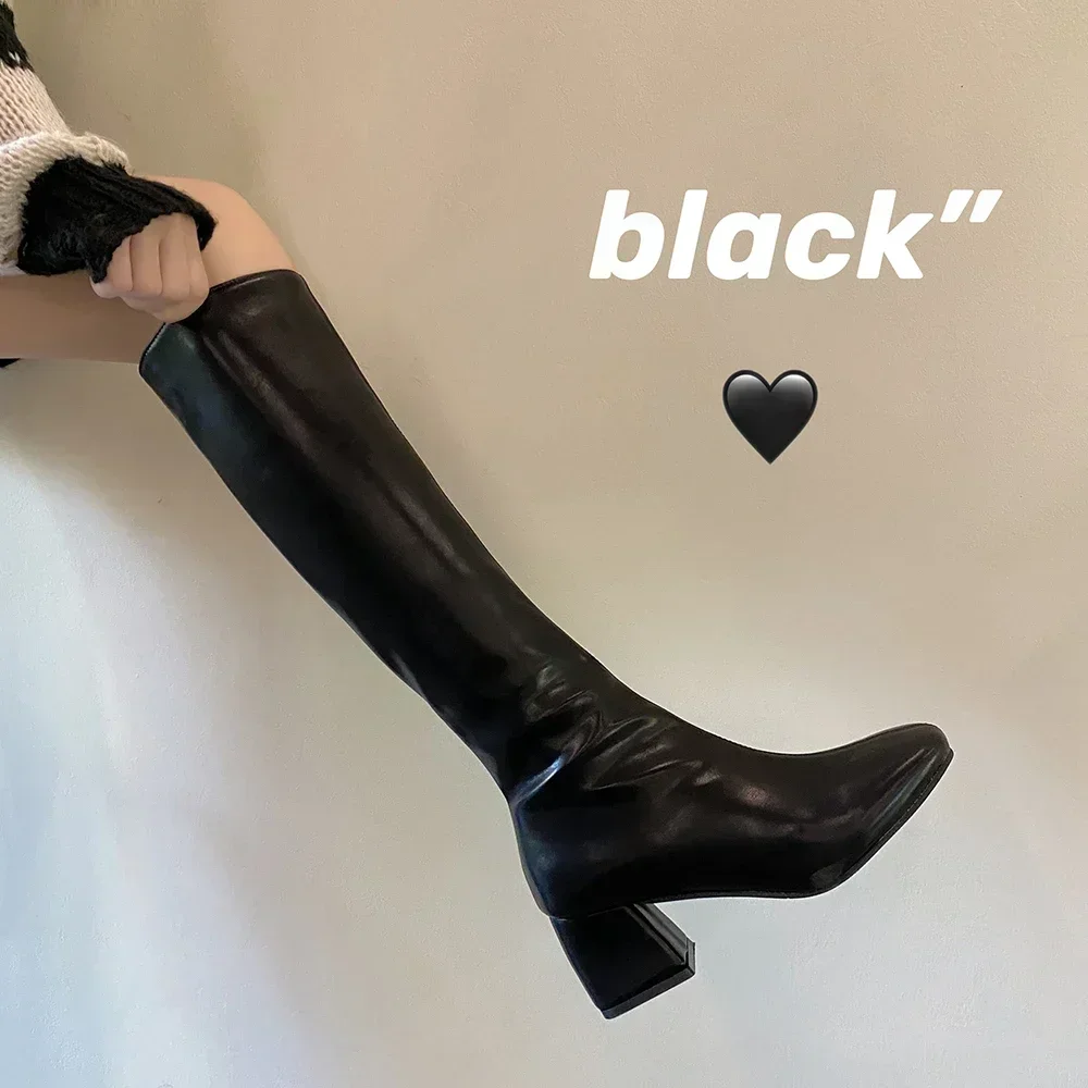 2024 New Knee-length Boots Women Women's Rubber Shoes Sexy Square Heel Thigh High Heels  Luxury Winter Heeled Booties Black