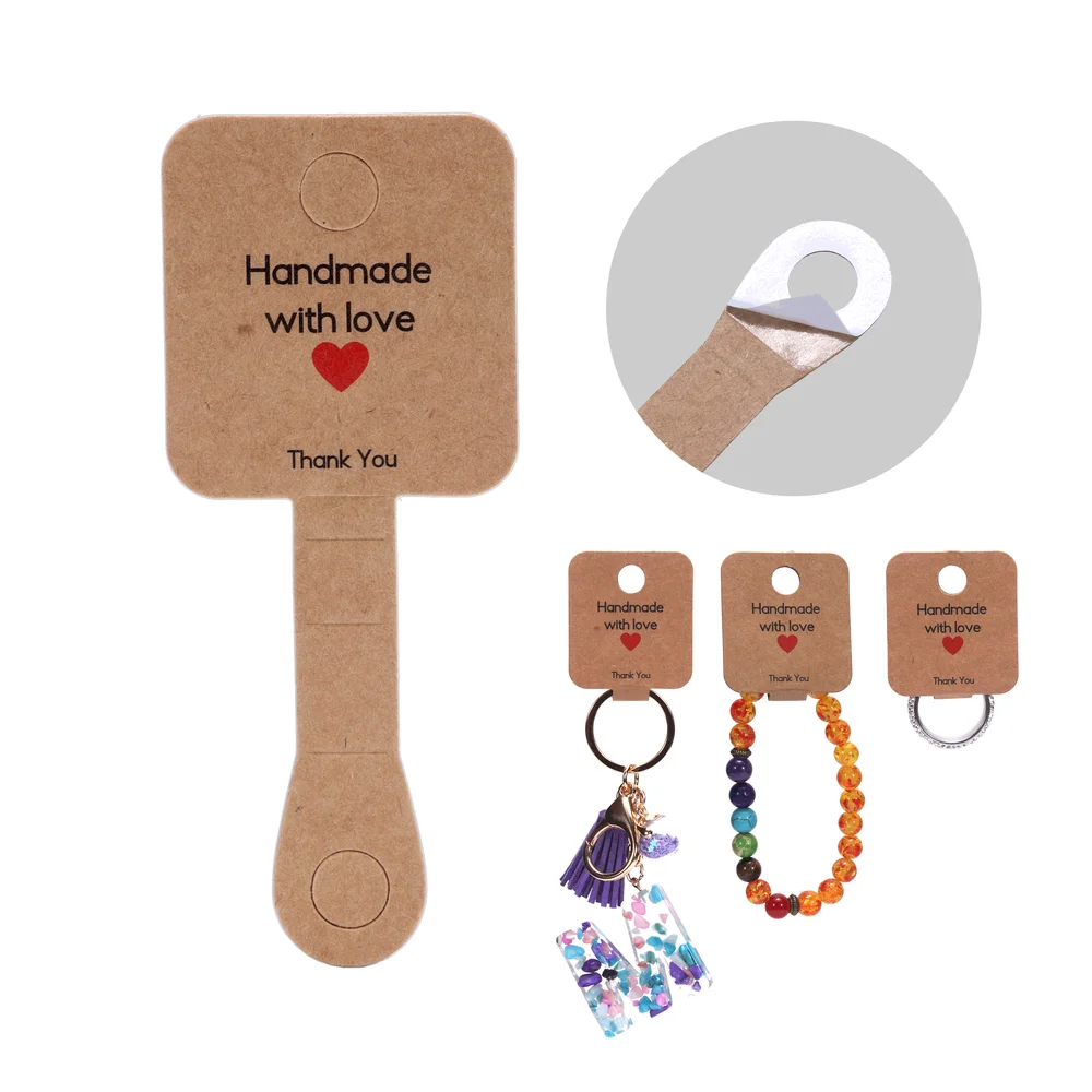 Tarjetas de agradecimiento autoadhesivas para joyería, paquetes pequeños de negocios, collar, pulsera, anillo, soporte hecho a mano con amor, 50