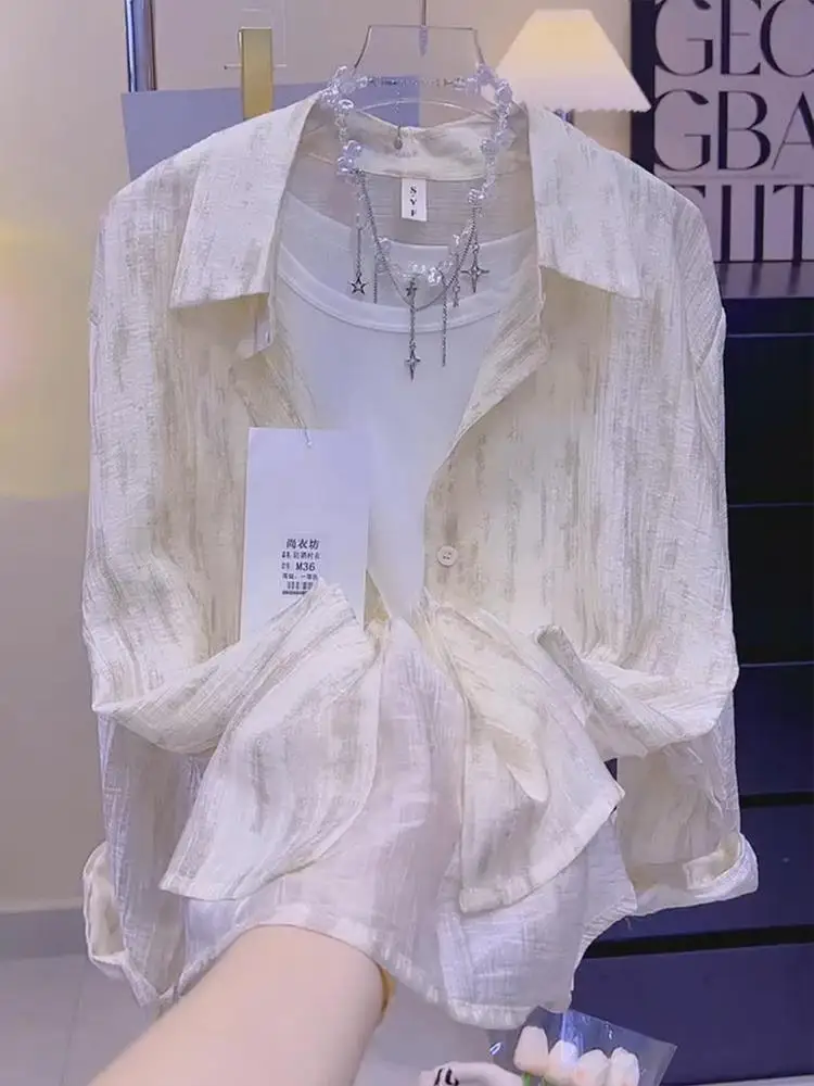 

Lightweight Breathable Loose Women's Long Sleeve Collar Sun Protection Shirt Summer 2026 Ink Painting Print Open Cardiga...