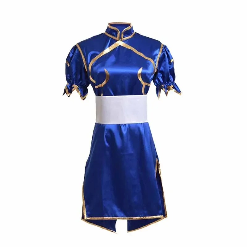 Spiele Chun Li Cosplay Kostüme Sutorito Faita blau Cheong sam Kleid Gürtel Kopf bedeckung mit Frauen Mädchen Kleidung Halloween Party