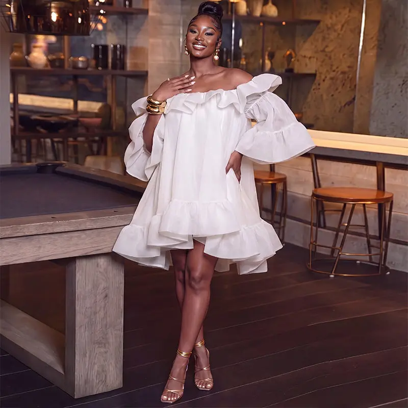 Women Organza Off Shoulder Party Mini Dress Flare Long Sleeve Layered Ruffle Hem Loose A‑Line Fashionable Wedding Guest Dresses