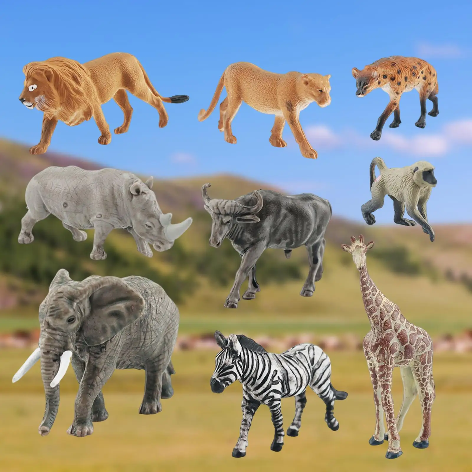 9 Pieces Simulation Wildlife Animal Playset Includes Zebra, Lion, Rhino, African