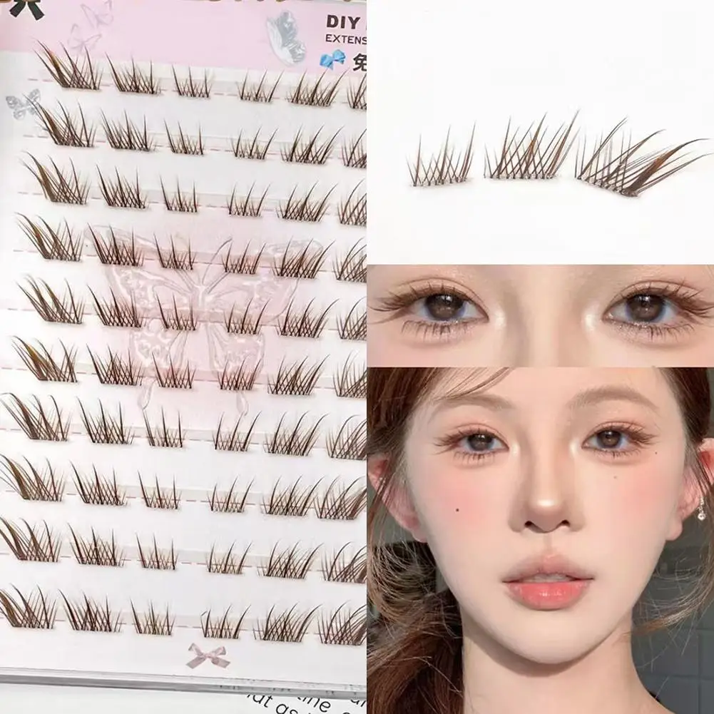 10 Reihen flauschige falsche Wimpern wiederverwendbare DIY segmentierte Wimpernverlängerungen mit Fox Eye Effekt, braune Anime Winged Lashes