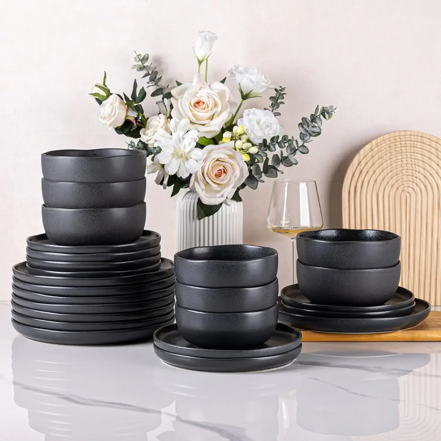 

Dinnerware Sets for 8, Wavy Rim Plates and Bowls Sets, Highly Chip and Crack Resistant | Dishwasher & Microwave & Oven Safe
