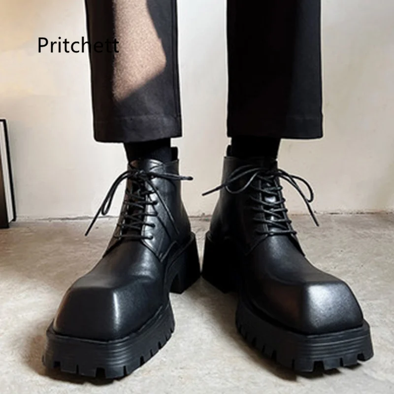 Black Square Toe Work Shoes Men's Motorcycle Boots British Style Thick Bottom Women's Ankle Boots Lace Up Couple Shoes for Men