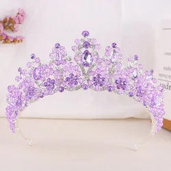 KMVEXO Handmade Pink Purple Crystal Beads Bridal Tiara Rhinestone Pageant Crowns Diadem Headpiece Wedding Hair Dress Accessories