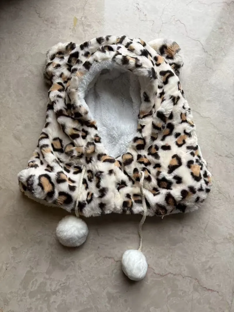 New Cute Leopard Pattern Hoodie Winter Edition Korean Fashion Versatile Cycling Windproof And Warm Ear Protection Plush Hat