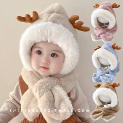 Winter Kids Hat for Boy Girl Cartoon Deer Antler Scarf One-Piece Faux Fur Baby Bonnet Thicken Infant Earflap Cute Christmas Gift