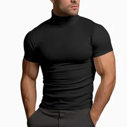 2024Summer New Men's Half-High Collar Shirt European and American Fashion Casual Tight Bottom Solid Color Short Sleeve Top