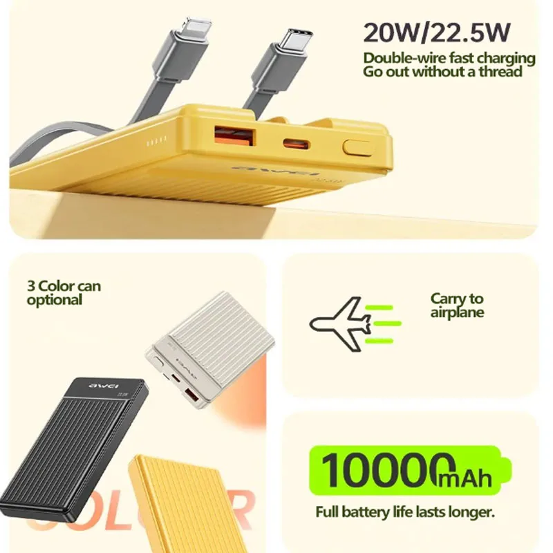 Awei P88K Portable Power Bank 10000mAh With 2 Charging Cable For iPhone 15 14 pro Max/Huawei Powerbank Fast Charge Spare Battery