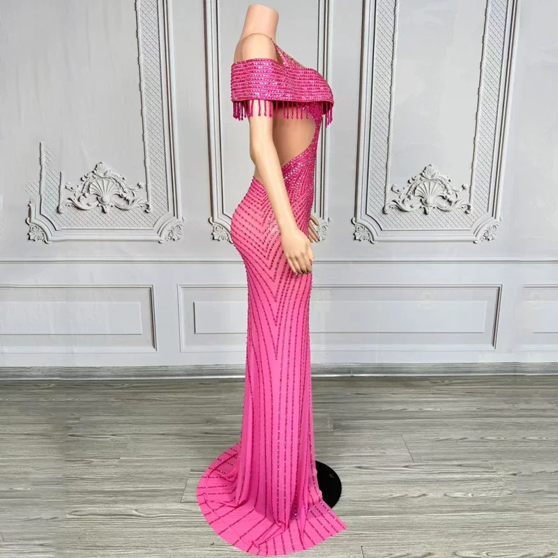 Vestidos de Noche rosas con diamantes de imitación para mujer, vestido de fiesta de celebración con diamantes, vestido de actuación en escenario, traje de pasarela de cantante, disfraz de Jazz