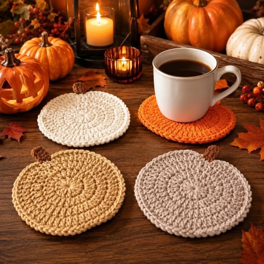 Cute Halloween Pumpkin Coasters Crochet Heat-resistant Knit Cup Mats Handmade Coffee Mugs Mats Fall Table Decor