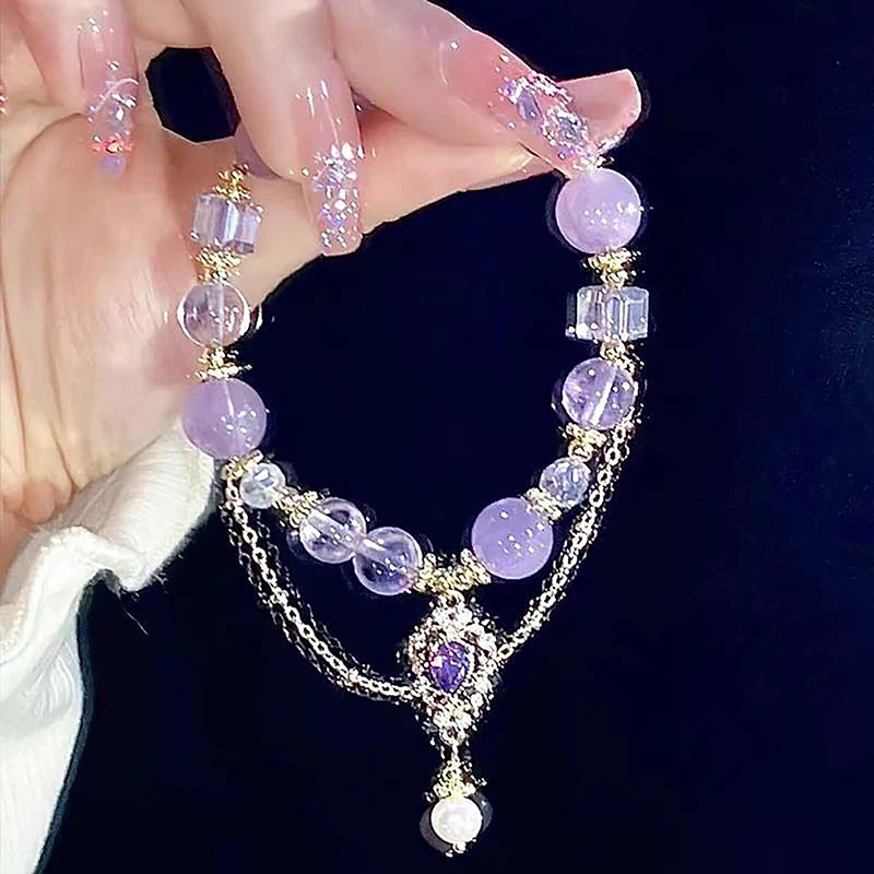 For Women Tassel Pendant Bracelet Sweet All-match Wrist Jewelry Chinese Style Light Luxury Purple Glass Crystal Beaded Bracelets
