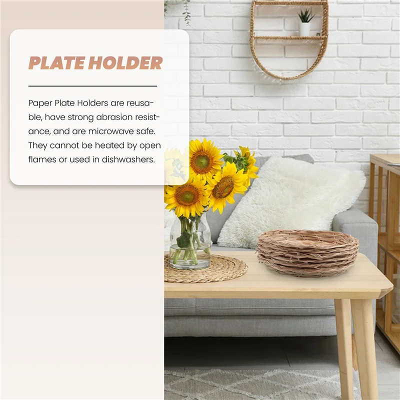 

A55F-6Pcs Бамбуковый держатель для бумажных тарелок-10-дюймовый круглый тканый держатель для тарелок, многоразовые держатели для бумажных тарелок для пикника