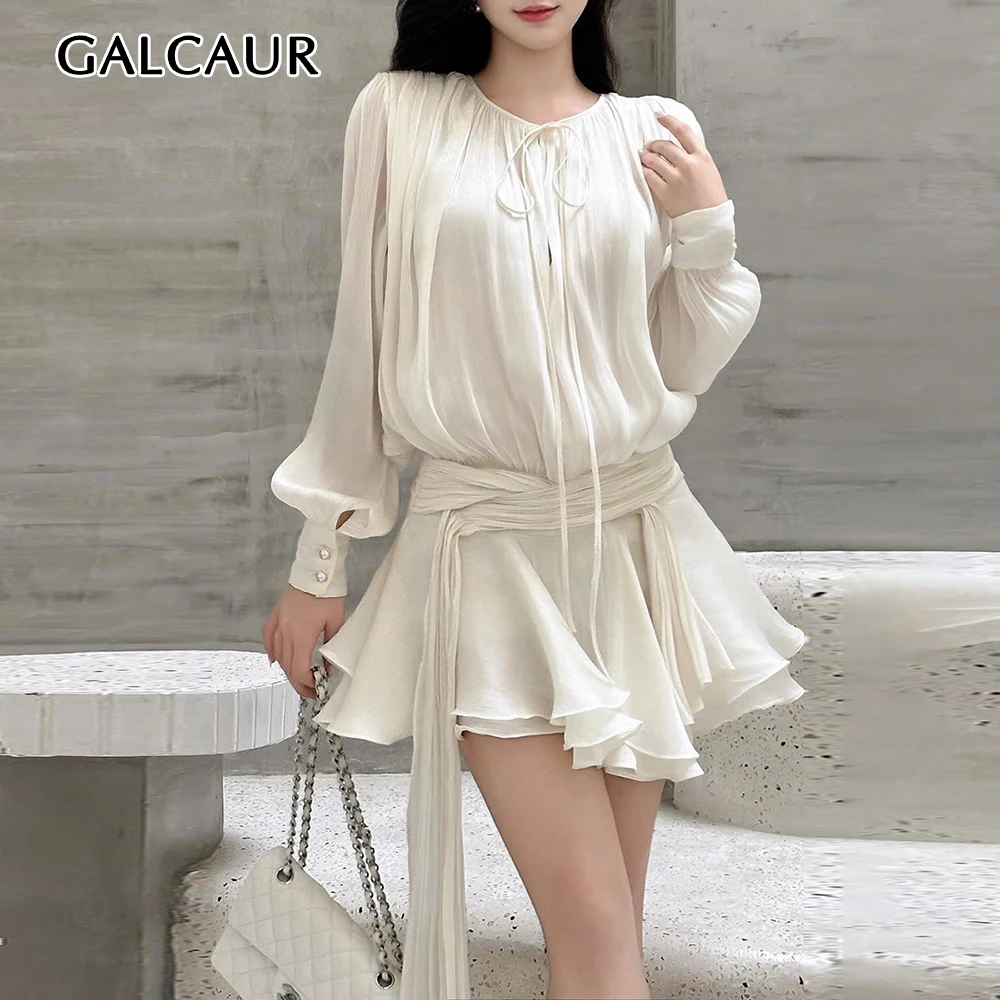 

GALCAUR Solid Loose Splicd Fold Temperament Dresses For Women V Neck Long Sleeves Patchwork Ruffles Tunic Dreses Female Fashion