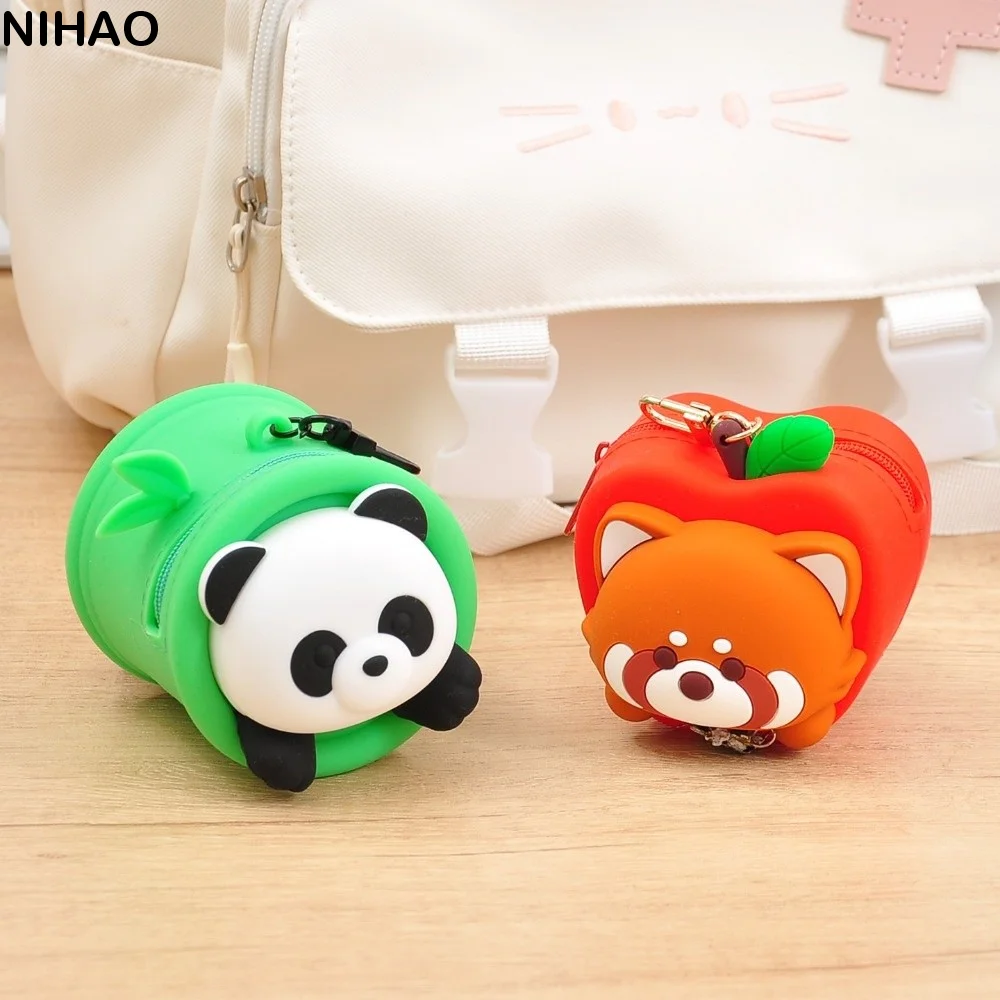 Creative Bamboo Panda Keychain Zipper Soft Red Panda Coin Purse Wallet Portable Silicone Earphone Bag Bag Pendant
